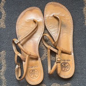 Tory Burch Cognac Leather T-Strap Sandals